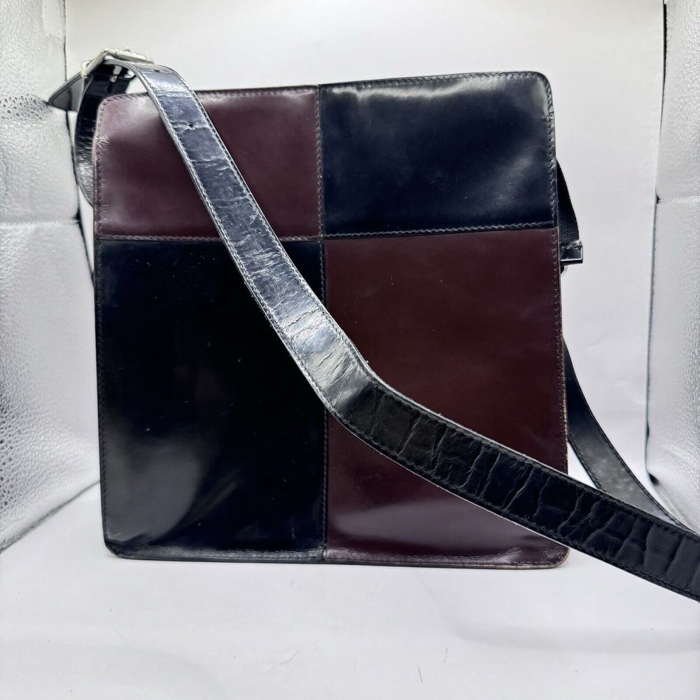 Furla Patent Leather Color Block Structured Handbag Purse Black ‎ Brown